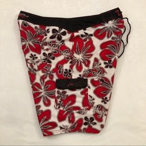 Rusty Surf Red & White Aloha Hawaiian Floral Board Shorts Swim Trunks Men’s 38